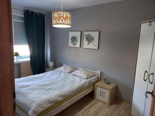 sypialnia z łóżkiem i żyrandolem w obiekcie Apartament Promenada w mieście Częstochowa