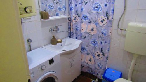 a bathroom with a sink and a shower curtain at Zozi urban studio in Skopje