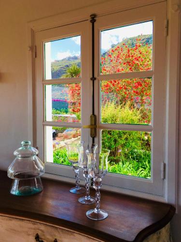 a window with a view of a field of flowers at Hotel El Patio in Garachico