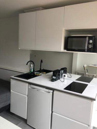 une cuisine blanche avec un évier et un micro-ondes dans l'établissement Village naturiste Studio Port Nature 3, Cap d'Agde, au Cap d'Agde
