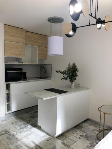 une cuisine avec des placards blancs et un comptoir blanc dans l'établissement Studio contemporain à Cannes avec terrasse et parking - 35 m², à Cannes