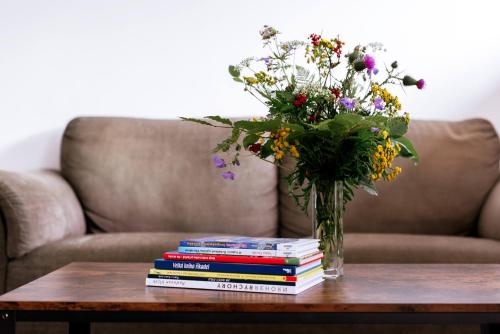 a vase of flowers sitting on a table with books at Apartmán v Žacléři Krkonoše in Žacléř
