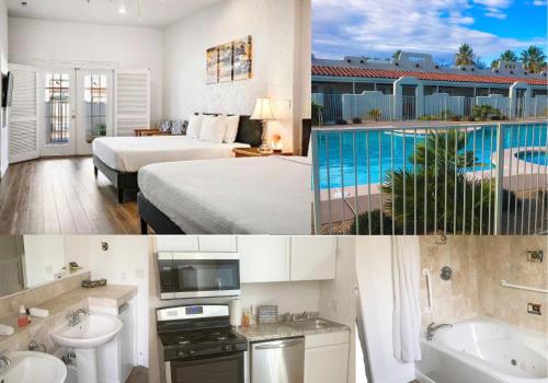 two pictures of a hotel room with a bed and a bathroom at Amira Vacation Resort in St. George