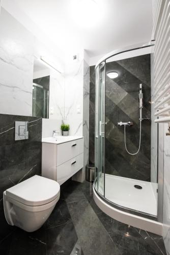 a bathroom with a shower and a toilet and a sink at Drwinka Park Apartment in Krakow