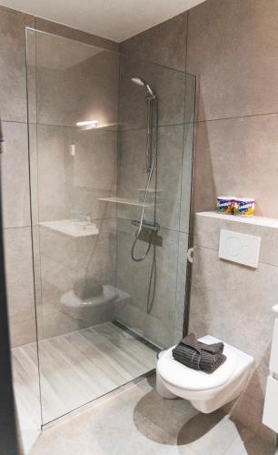 a bathroom with a shower and a toilet at Gray Door Apartments - Adults only in Palm-Eagle Beach
