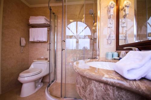 y baño con lavabo, aseo y ducha. en Grand Boss Hotel, en Yilan City