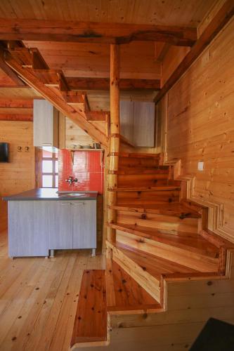 a kitchen in a log cabin with wooden walls at Holiday home Drveni Kutak in Sekulić 