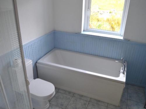 a bathroom with a tub and a toilet and a window at Beautiful Thatched Adderwal Cottage Donegal in Doochary