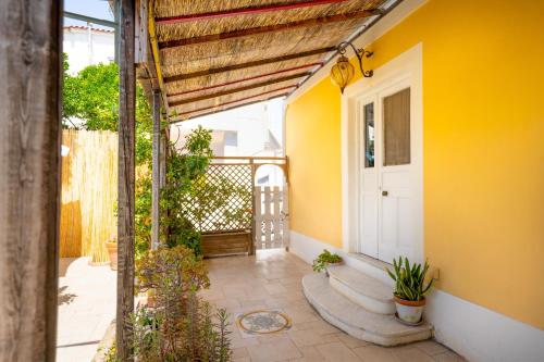 een geel huis met een witte deur en een aantal planten bij Margherita House in Procida