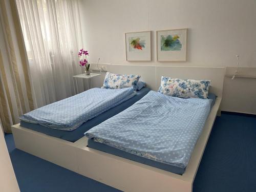 a bedroom with two twin beds with blue sheets at Ferienwohnung Taunus in Görsroth