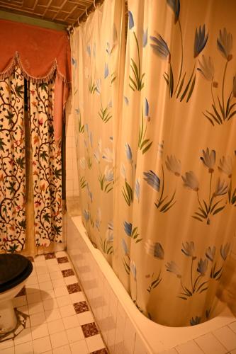a bathroom with a shower curtain with flowers on it at Kings Houseboats in Srinagar