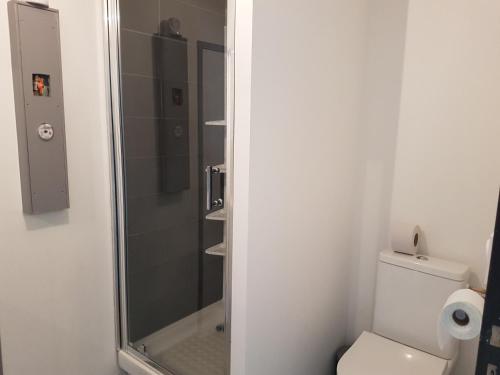 une salle de bain avec toilettes et douche en verre dans l'établissement Studio 30 m2 toutlemonde, à Toutlemonde