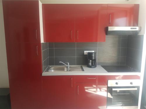 kuchnia z czerwonymi szafkami i zlewem w obiekcie Studio 30 m2 toutlemonde w mieście Toutlemonde