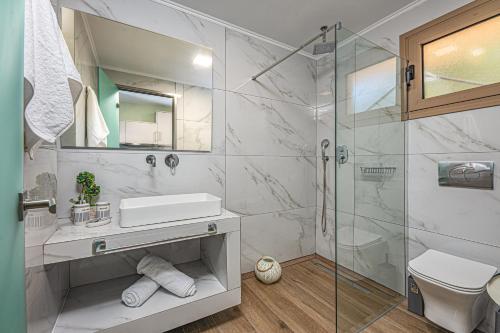 y baño con ducha, lavabo y aseo. en Kozanos Suites with Private Pool en Amoudi