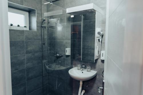 a bathroom with a sink and a shower at DuMalux Velvet in Subotica