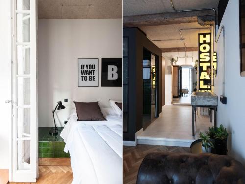 two images of a bedroom with a bed and a living room at Urban Suite Santander in Santander