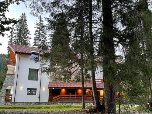 una casa bianca con degli alberi di fronte di Sidharta Resort a Obârşia Lotrului