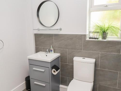 a bathroom with a toilet and a sink and a mirror at The New Build in Louth