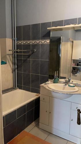 une salle de bain avec un lavabo, un miroir et une baignoire dans l'établissement Appartement au centre de Nice, à Nice