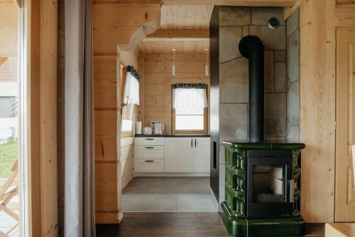 a kitchen with a stove in a cabin at Osada Witów - dom „Dziewięćsił” in Witów