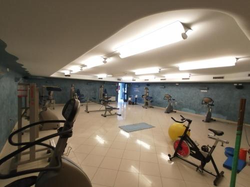 a gym with several exercise bikes in a room at Hotel Rezia Valtellina in Morbegno