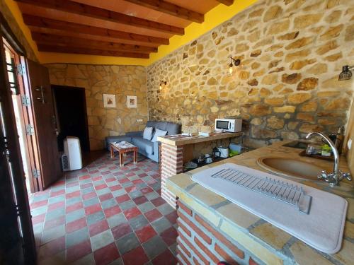 sala de estar con pared de piedra y bañera en Casas Rurales- "Casa Larios" en El Colmenar