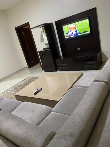 a living room with a couch and a tv at Rollace Hotel in Ikeja