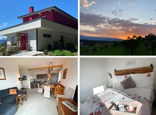 ランナッハにあるHaus Lannachbergのベッドルームとリビングルームの4つの異なる景色を望めます。