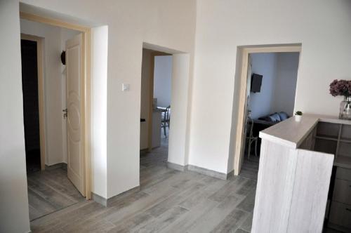 een keuken met witte muren en een houten vloer bij River Apartment in Makó