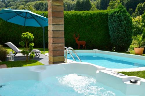 a swimming pool in a yard with an umbrella at Le Gîte de l'Ecureuil in Sturzelbronn