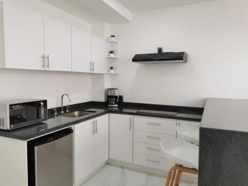 a white kitchen with a sink and a microwave at Loft Estancia Real in Morelia