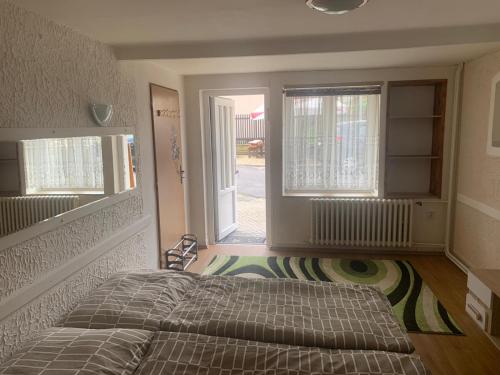 een slaapkamer met een bed en een open deur bij Malý byt 1+1 in Karlsbad