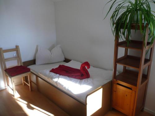 a bed with a red blanket on it next to two shelves at Haus Rosi in Uttendorf