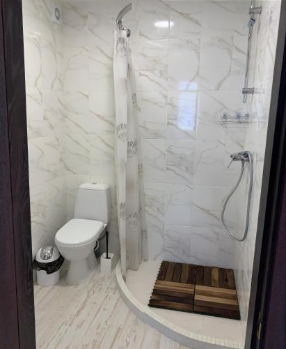 a white bathroom with a shower and a toilet at Viktoria in Karolino-Buhaz