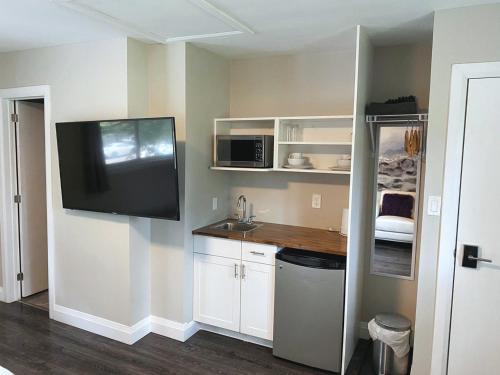 uma cozinha com um lavatório e uma televisão na parede em PRIVATE ROOM ENSUITE UPTOWN WATERLOO - e5 em Waterloo