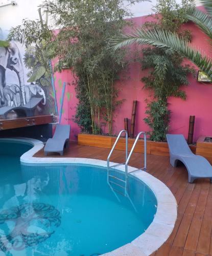 einen Pool mit zwei Stühlen und einer rosa Wand in der Unterkunft Bucanaan hostel boutique in Cordoba