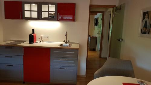 a kitchen with a counter with a sink and a chair at Landgut Apfelrose in Friedrichshafen