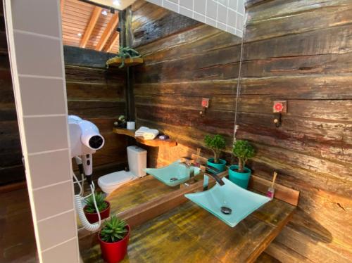 a bathroom with two sinks and potted plants at Pousada A Gruta in São Thomé das Letras
