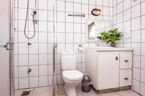 een badkamer met een toilet, een wastafel en een douche bij CityLife Apartments in Willemstad - big 2 bedroom apartment in top floor - H in Willemstad