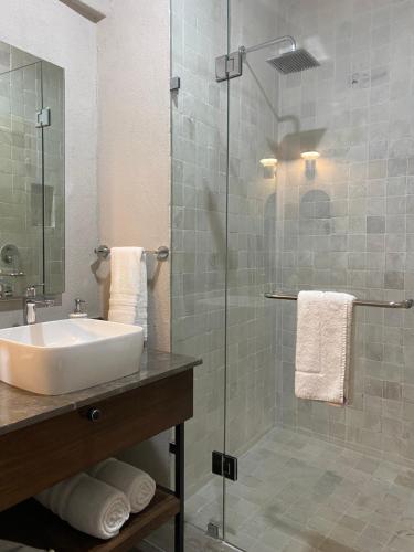 a bathroom with a sink and a glass shower at Hotel Casa Once in Querétaro