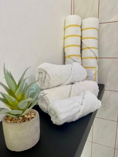 a bathroom with towels and a potted plant on a table at El Castillo Tropical in Cabrera