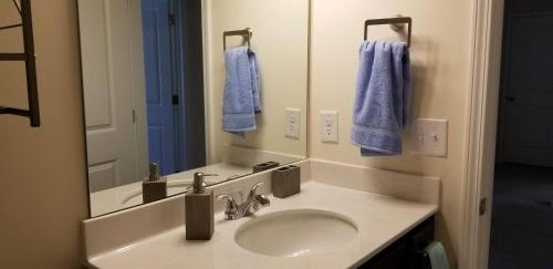 a bathroom with a sink and a mirror and blue towels at Home at Tucker in Tucker