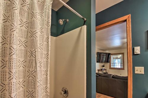 a shower in a bathroom with a shower curtain at Waterfront Leech Lake Cabin with Dock, Fire Pit in Cass Lake
