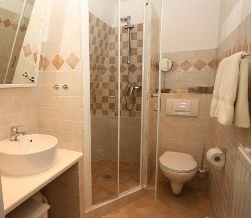 a bathroom with a shower and a toilet and a sink at Hotel Pfälzer Hof in Lauterecken