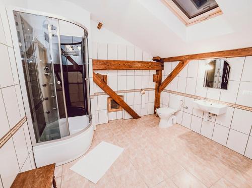 a bathroom with a shower and a toilet at Pałac Kursko in Kursko