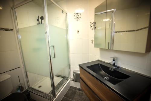 een badkamer met een wastafel en een glazen douche bij Le Rosset in Tignes