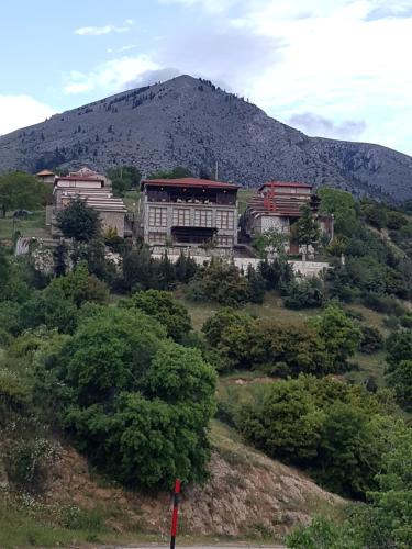 a building on a hill with a mountain in the background at Hotel Metoxi in Spiliá