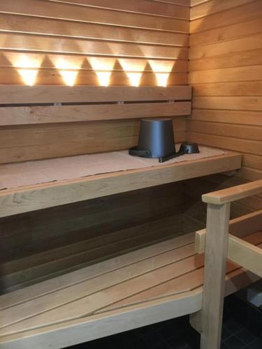 a sauna with a black item sitting on a shelf at apartment Juurikoskenkatu in Ylivieska