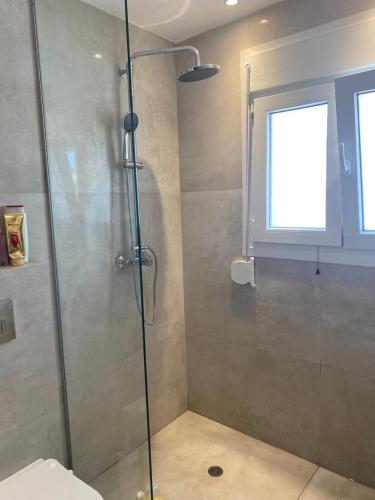 a shower with a glass door in a bathroom at Perland Vacation in Sidari