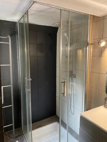 une douche avec une porte vitrée dans une salle de bain dans l'établissement La Bassurelle, à Saint-Valery-sur-Somme